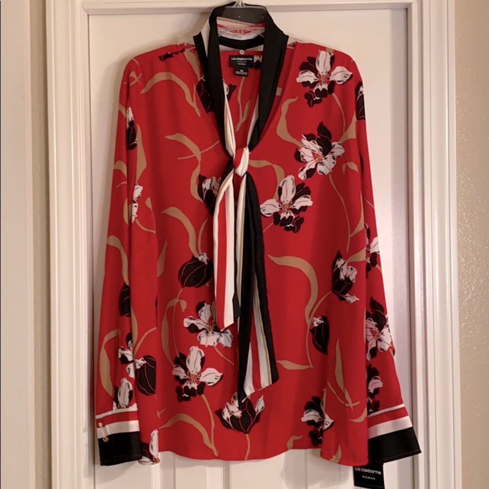 NWT Liz Claiborne 3X Red Floral Long Sleeve Blouse